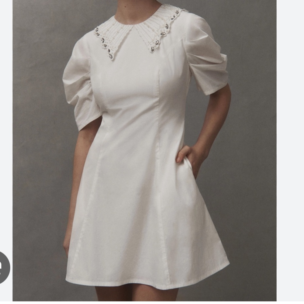 BHLDN by anthropologie Puff-Sleeve Embellished Collared Mini Dress‎ in white